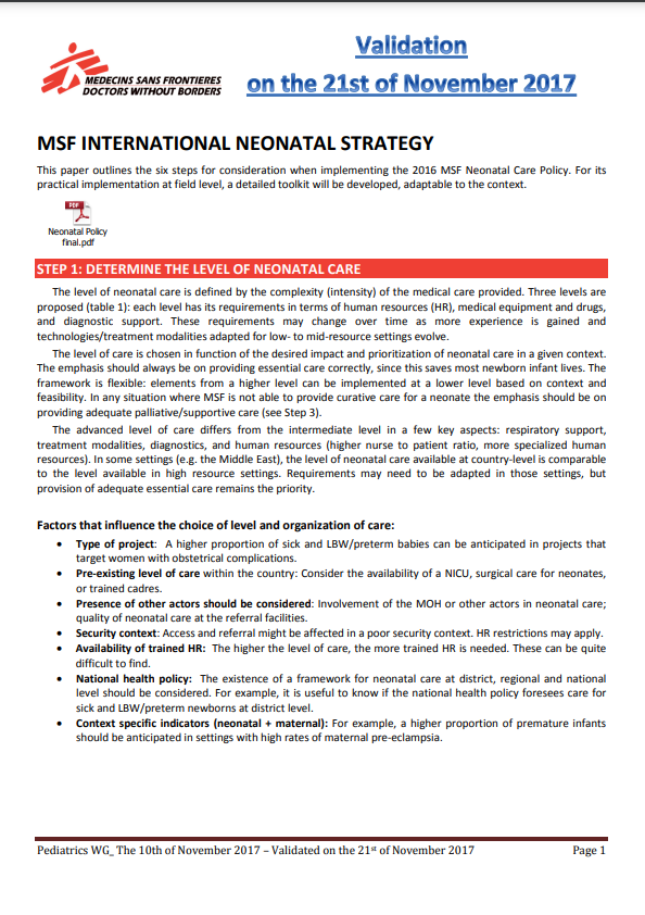 MSF International Neonatal Strategy