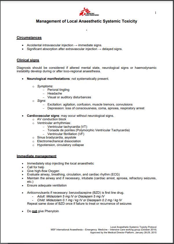 Local Anaesthesia Systemic Toxicity (Intralipid)