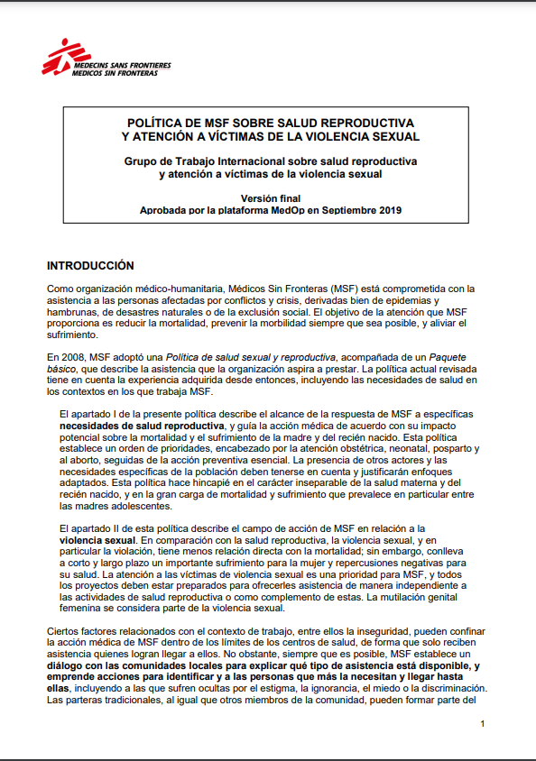 Política de MSF Salud Reproductiva y atencion a victimas VS