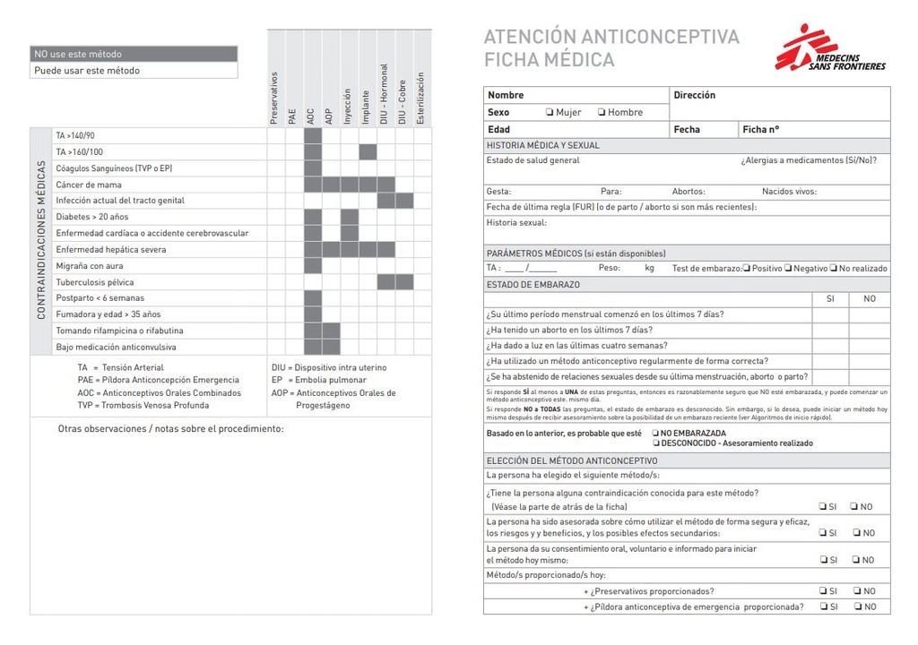 CONTRACEPTIVE CARE HEALTH FILE, Spanish, A4 recto/verso