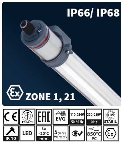 LED FIXTURE, ATEX Zone 1, 50W 4000K 4420lm, 120-230V 50/60Hz