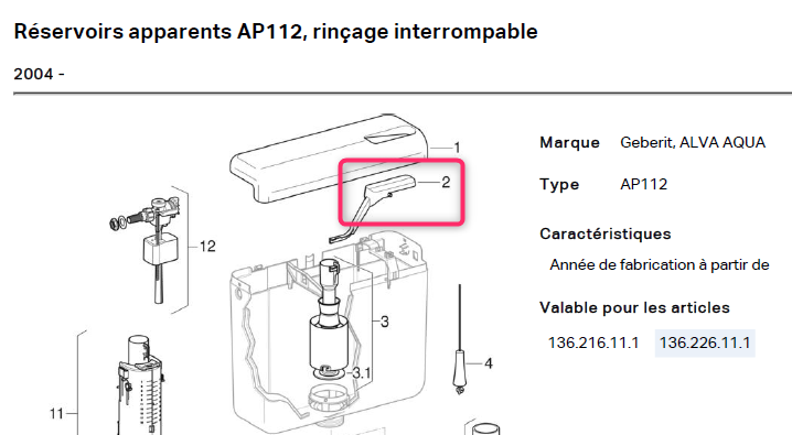 POIGNEE POUSSOIR (GEBERIT 238.064.11.1) resev. AP112 blanc