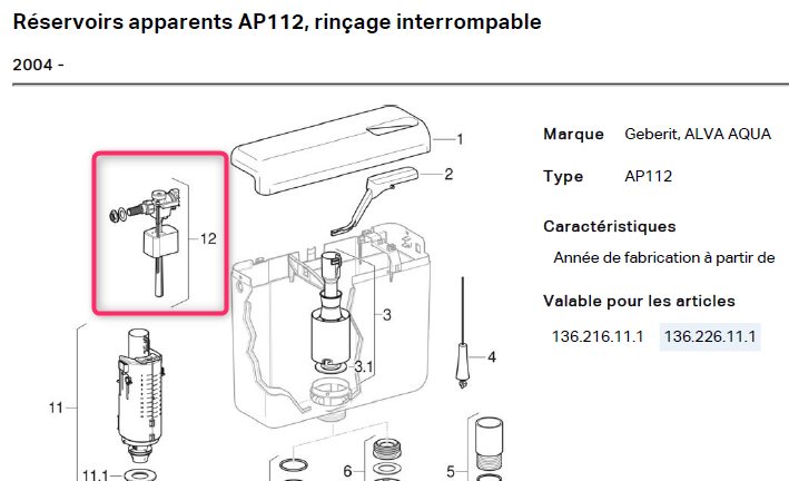 ROBINET FLOTTEUR (GEBERIT 136.721.00.3) resev. AP112 blanc