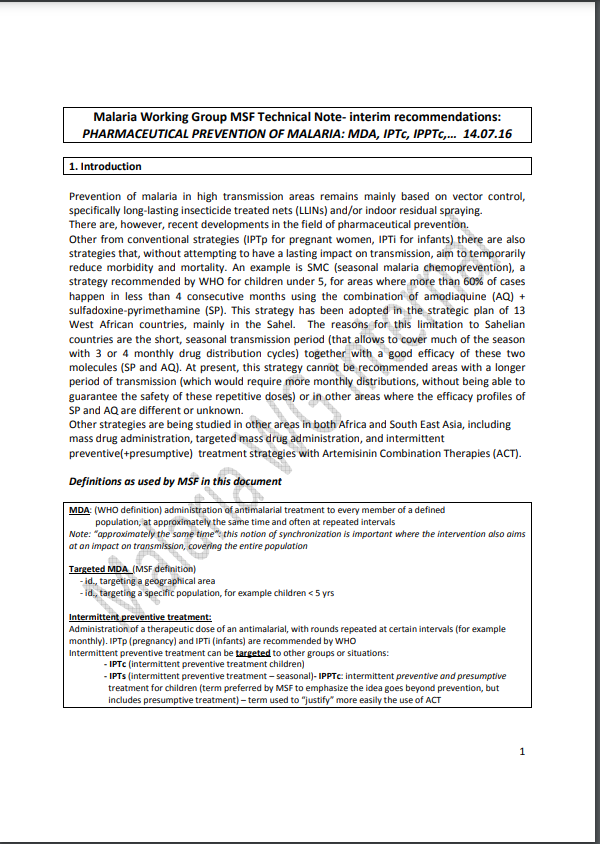 Malaria chemoprevention technical note :  MDA, IPTc, IPPTc,…