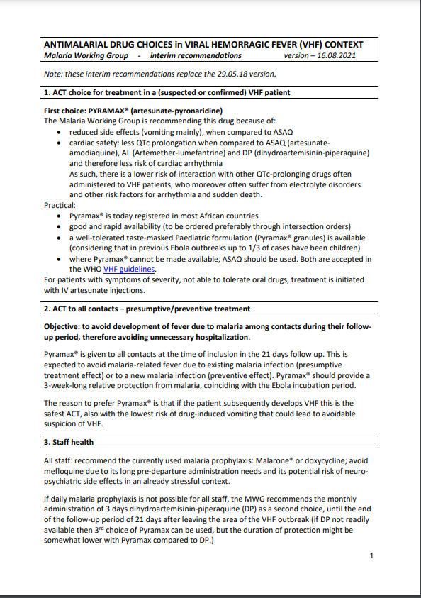 ANTIMALARIAL DRUG CHOICES in VIRAL HEMO FEVER (VHF) CONTEXT