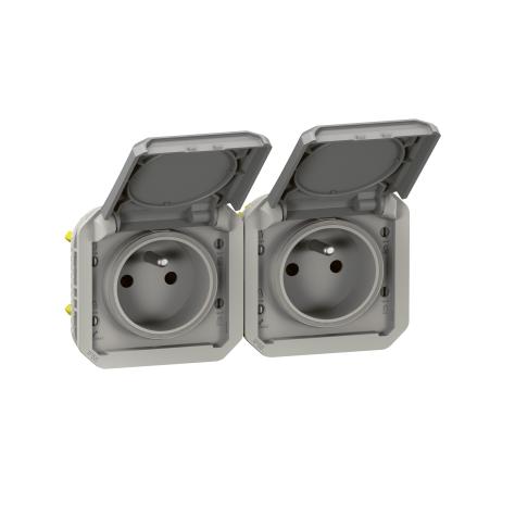 SOCKET 2x (Plexo) 2P+E/16A FR w/o support horiz. IP55 grey