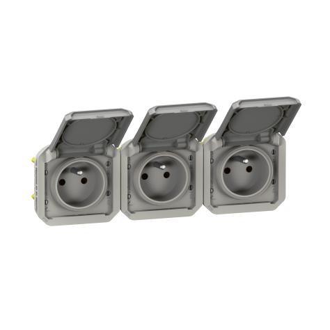 SOCKET x3 (Plexo) 2P+E/16A FR w/o support horiz. IP55 grey