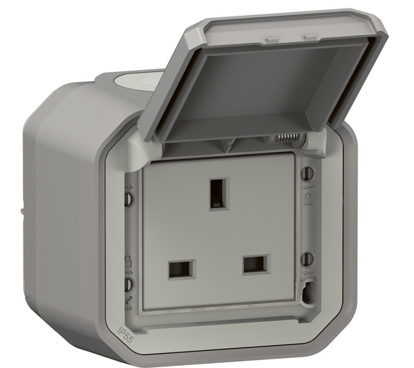 PRISE x1 (Plexo) 2P+T/13A, UK avec boîte IP55 gris