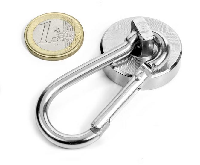 POT MAGNET, neodymium, Ø32mm, holds +- 39kg + carabiner