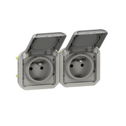 [PELETERMQ2F05] PRISE 2x (Plexo) 2P+T/16A FR ss support horiz. IP55 gris